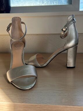 Vince Camuto Silver Leather Block Heel Ankle Strap Sandals